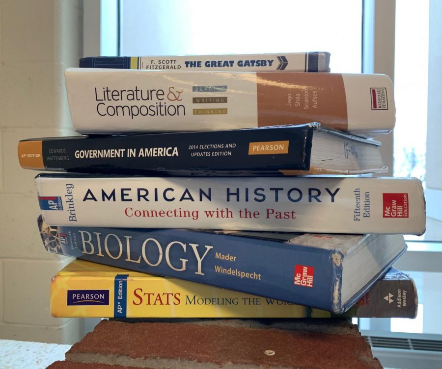 A stack of Bellefonte Highs AP textbooks.